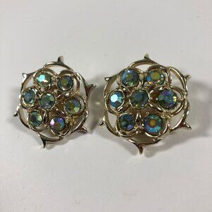 Vintage Sarah Coventry Lime Light Aurora Borealis Rhinestone Clip Earrings